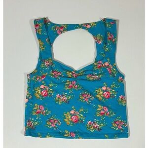 Teal Floral Sweetheart Neckline Cut-Out Tank Crop Top Shirt Blouse Tee Size S 🌸✨